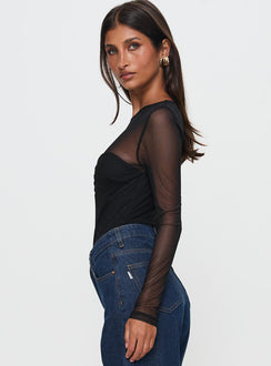 side view of model wearing Princess Polly Delanee Mesh Detail Long Sleeve Bodysuit Black Full Sleeves 