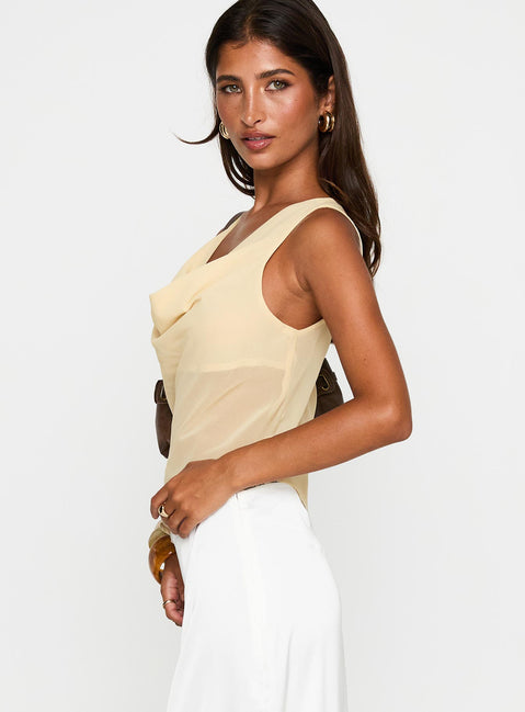 side view of model wearing Princess Polly Pretty Little Fears Cowl Neck Top Beige Sleeveless Cowl 