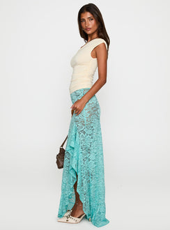   side view of model wearing Princess Polly Bluemoon Lace Maxi Skirt Blue Maxi 