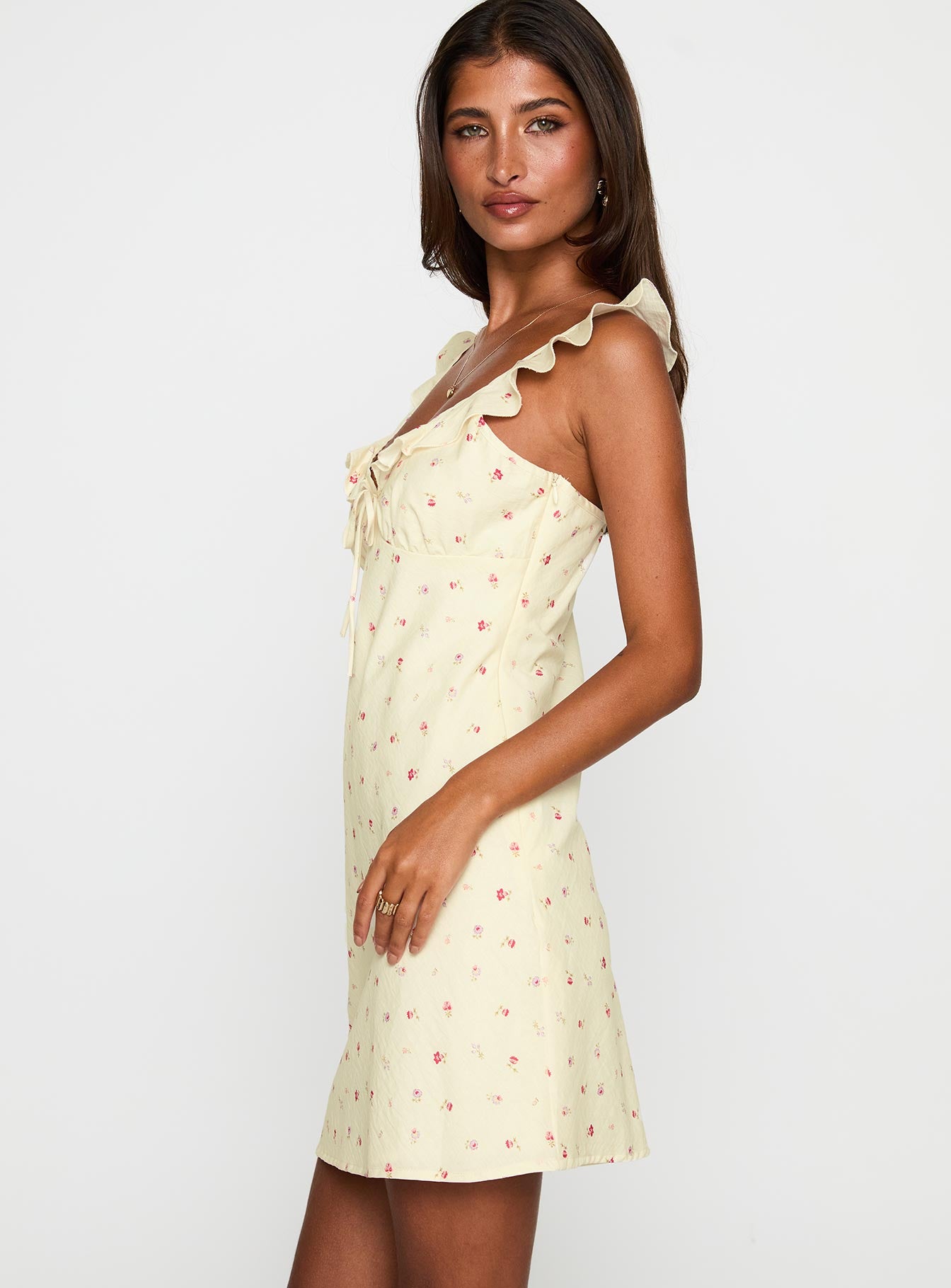 side view of model wearing Princess Polly Tattoo Kisses Frill Mini Dress Floral V-Neck 
