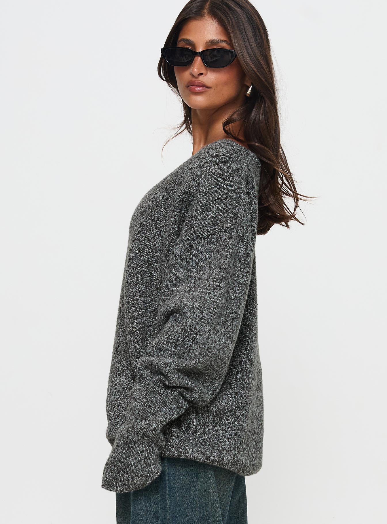 side view of model wearing Princess Polly Beyond My Gaze V Neck Knit Sweater Grey Long 