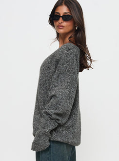side view of model wearing Princess Polly Beyond My Gaze V Neck Knit Sweater Grey Long 