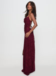 side view of model wearing Princess Polly Celena Maxi Dress Burgundy Cowl Neck 