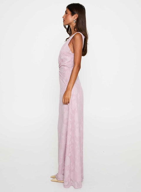 side view of model wearing Princess Polly Frederica Plunge Burnout Maxi Dress Mauve Plunger 