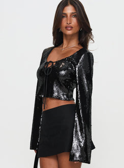 side view of model wearing Princess Polly Zenobia Long Sleeve Sequin Top Black Full Sleeves Scoop Neck 
