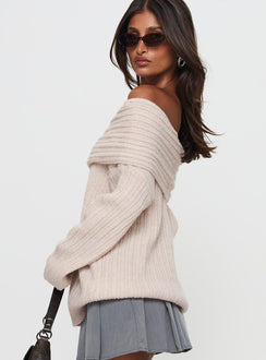 side view of model wearing Princess Polly Mirrelle Off Shoulder Knit Sweater Beige Long 