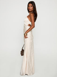 side view of model wearing Princess Polly Limosina Halter Maxi Dress Champagne Plunger 