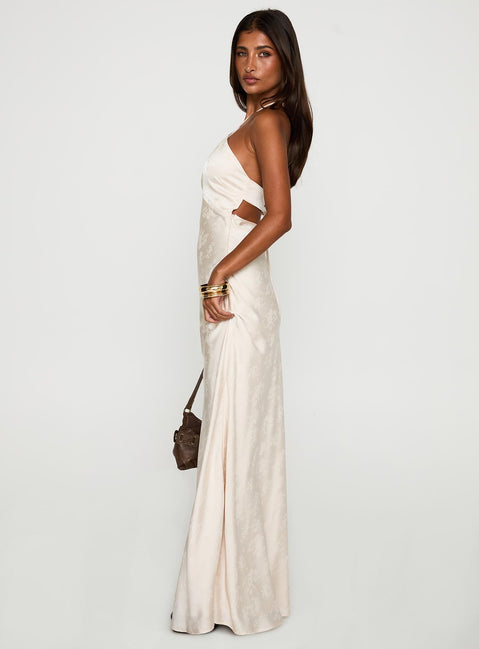 side view of model wearing Princess Polly Limosina Halter Maxi Dress Champagne Plunger 
