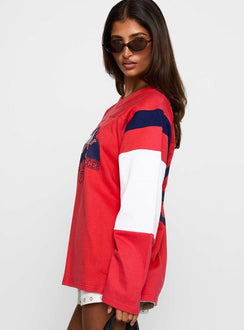 side view of model wearing Princess Polly MLS 96 Retro Long Sleeve Top Red Full Sleeves Crew Neck 