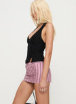 side view of model wearing Princess Polly Rhode Mini Skort Mauve Stripe Low Rise Shorts 