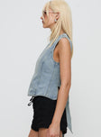 side view of model wearing Princess Polly Countryside Top Classic Denim Sleeveless Crew Neck 