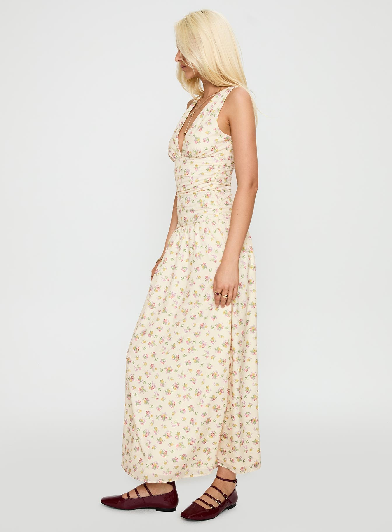 side view of model wearing Princess Polly Esthie Maxi Dress Multi Floral V-Neck 