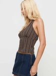 side view of model wearing Princess Polly Delfine Top Brown Stripe Sleeveless V-Neck 