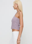 side view of model wearing Princess Polly Runaway Baby Top Purple Sleeveless Asymmetric Neckline 