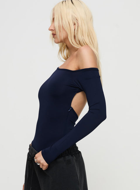 side view of model wearing Princess Polly Caylum One Shoulder Bodysuit Navy Long Sleeve Tops 