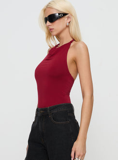 side view of model wearing Princess Polly Imposter Bodysuit Cherry Red Sleeveless Cowl 