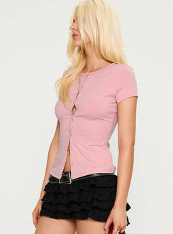 side view of model wearing Princess Polly Are We Clear Button Up Top Pink Short Sleeves Crew Neck 