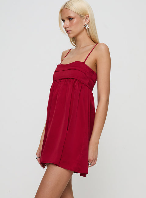 side view of model wearing Princess Polly Ortega Mini Dress Red Square Neck 