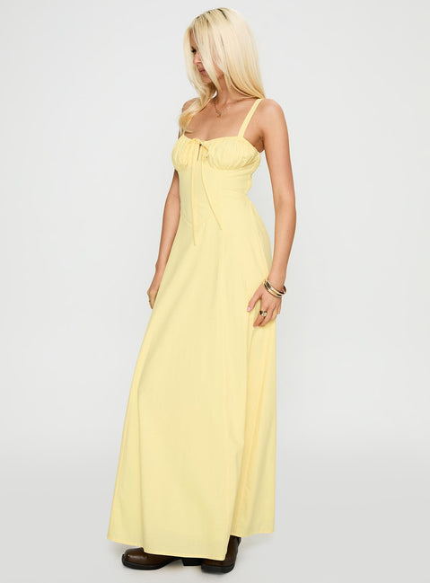 side view of model wearing Princess Polly Leticia Maxi Dress Lemon Sweetheart Neckline 
