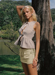 side view of model wearing Princess Polly Countryside Skort Ecru Low Rise Shorts 