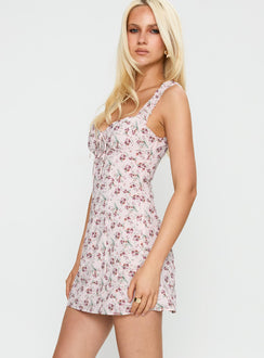 side view of model wearing Princess Polly Sweetpea Mini Dress Multi Floral Sweetheart Neckline 