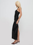 side view of model wearing Princess Polly 1999 Maxi Dress Onyx Straight Neck 