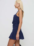 side view of model wearing Princess Polly Beauty Queen Mini Dress Navy 