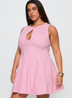 side view of model wearing Princess Polly Precedence Keyhole Mini Dress Pink Curve Crew Neck 