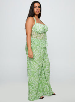 side view of model wearing Princess Polly Finesse Pants Green Floral Curve High Waisted Pants 
