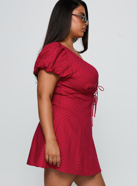 side view of model wearing Princess Polly Beloved Puff Sleeve Linen Blend Mini Dress Red Polka Curve Plunger 