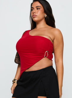 side view of model wearing Princess Polly Machiatto One Shoulder Top Red Curve Sleeveless Asymmetric Neckline 