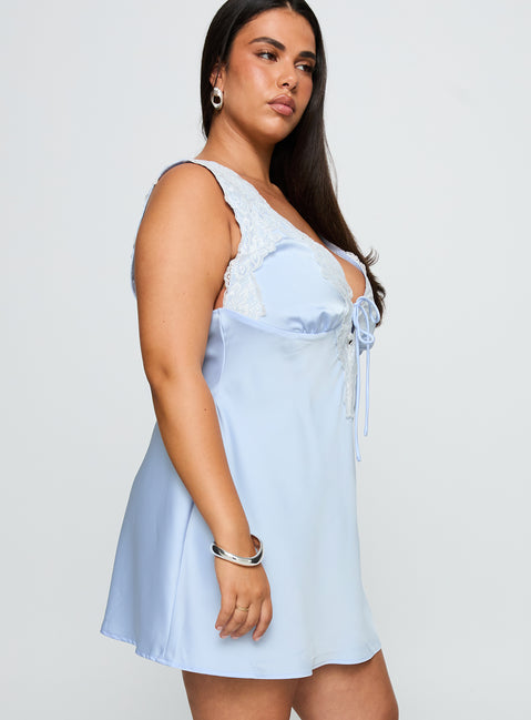 side view of model wearing Princess Polly Nourish Mini Dress Blue Curve Plunger 