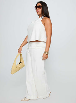 side view of model wearing Princess Polly Silver Moon Linen Blend Tie Pants White Curve High Waisted Pants 