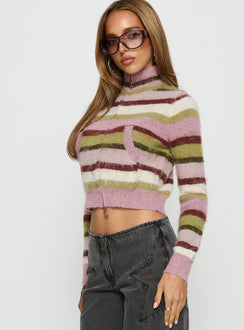 side view of model wearing Princess Polly Keeva Zip Through Knit Jumper Pink / Green Stripe cropped 