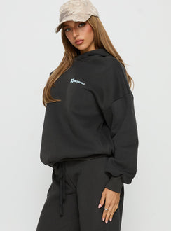 side view of model wearing Princess Polly Princess Polly Stargirl Hoodie Charcoal Longline Jumpers 