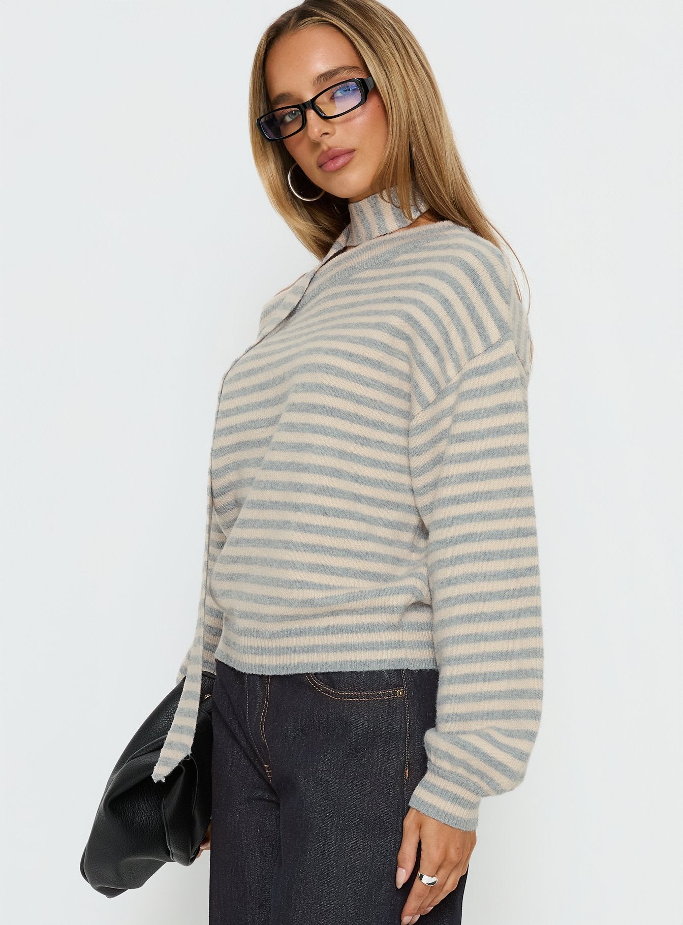 side view of model wearing Princess Polly Ruthi Scarf Off Shoulder Knit Sweater Neutral Stripe 