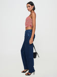 side view of model wearing Princess Polly Britta Mid Rise Tapered Leg Jeans Dark Wash Mid Rise 