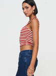 side view of model wearing Princess Polly Back In Time Top Red Stripe Sleeveless Square Neck 