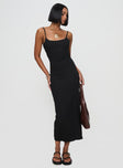 side view of model wearing Princess Polly Elestria Maxi Dress Black Scoop Neck 