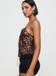 side view of model wearing Princess Polly Mariah Top Leopard Sleeveless Plunger 