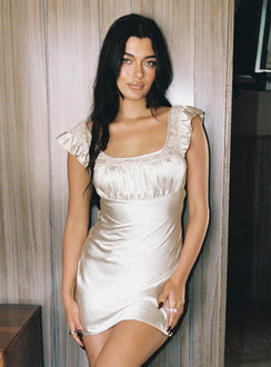 side view of model wearing Princess Polly Ever After Mini Dress Cream Scoop Neck 