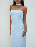 side view of model wearing Princess Polly Legacies Strapless Maxi Dress Icy Blue Straight Neck 