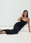 side view of model wearing Princess Polly Cutting Edge Maxi Dress Black Glitter Cowl Neck 