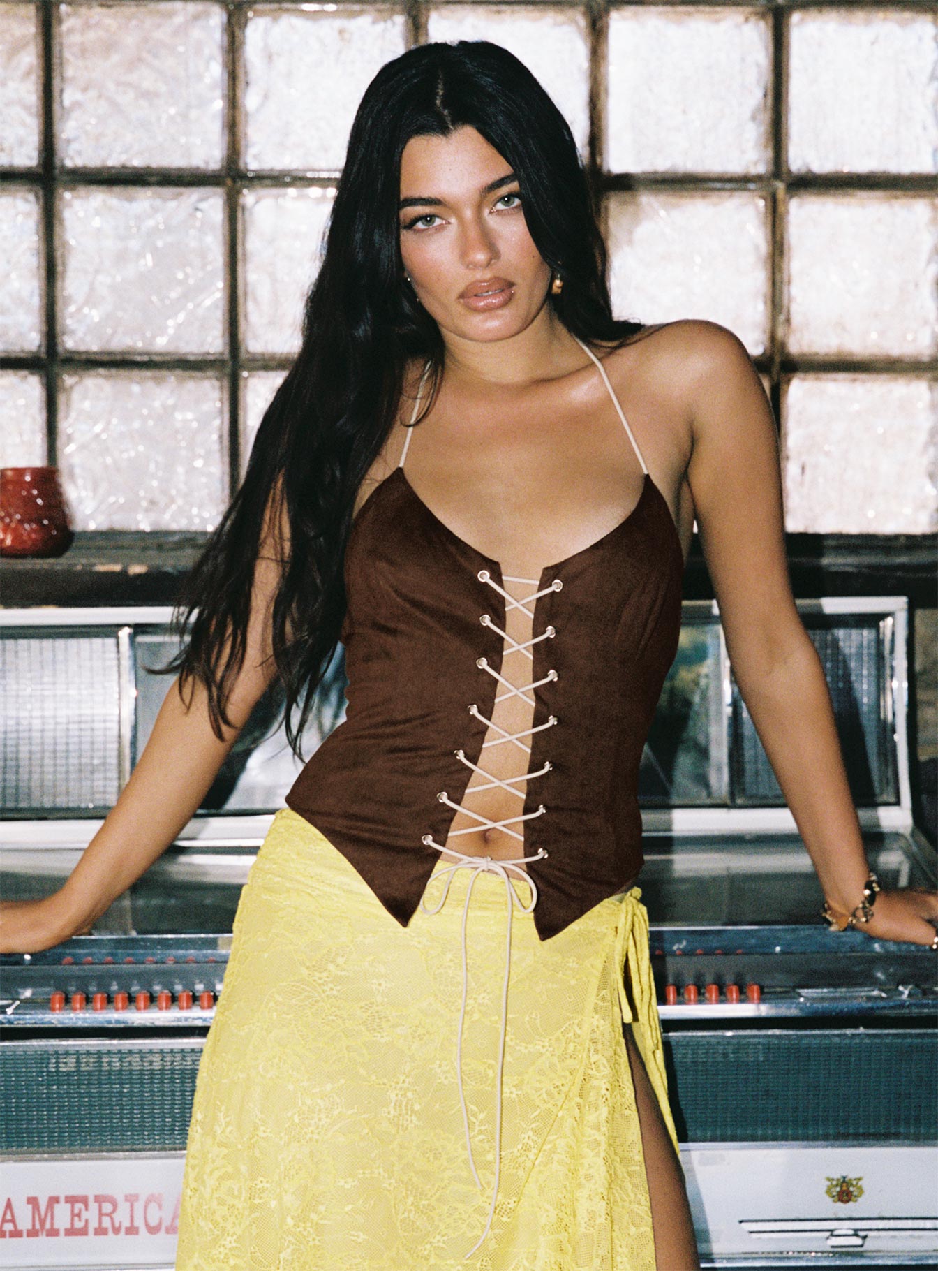 back view of model wearing Princess Polly Dawn To Dusk Faux Suede Top Brown Sleeveless Plunger 