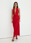 side view of model wearing Princess Polly Alejandria Cowl Neck Maxi Dress Red Cowl Neck 