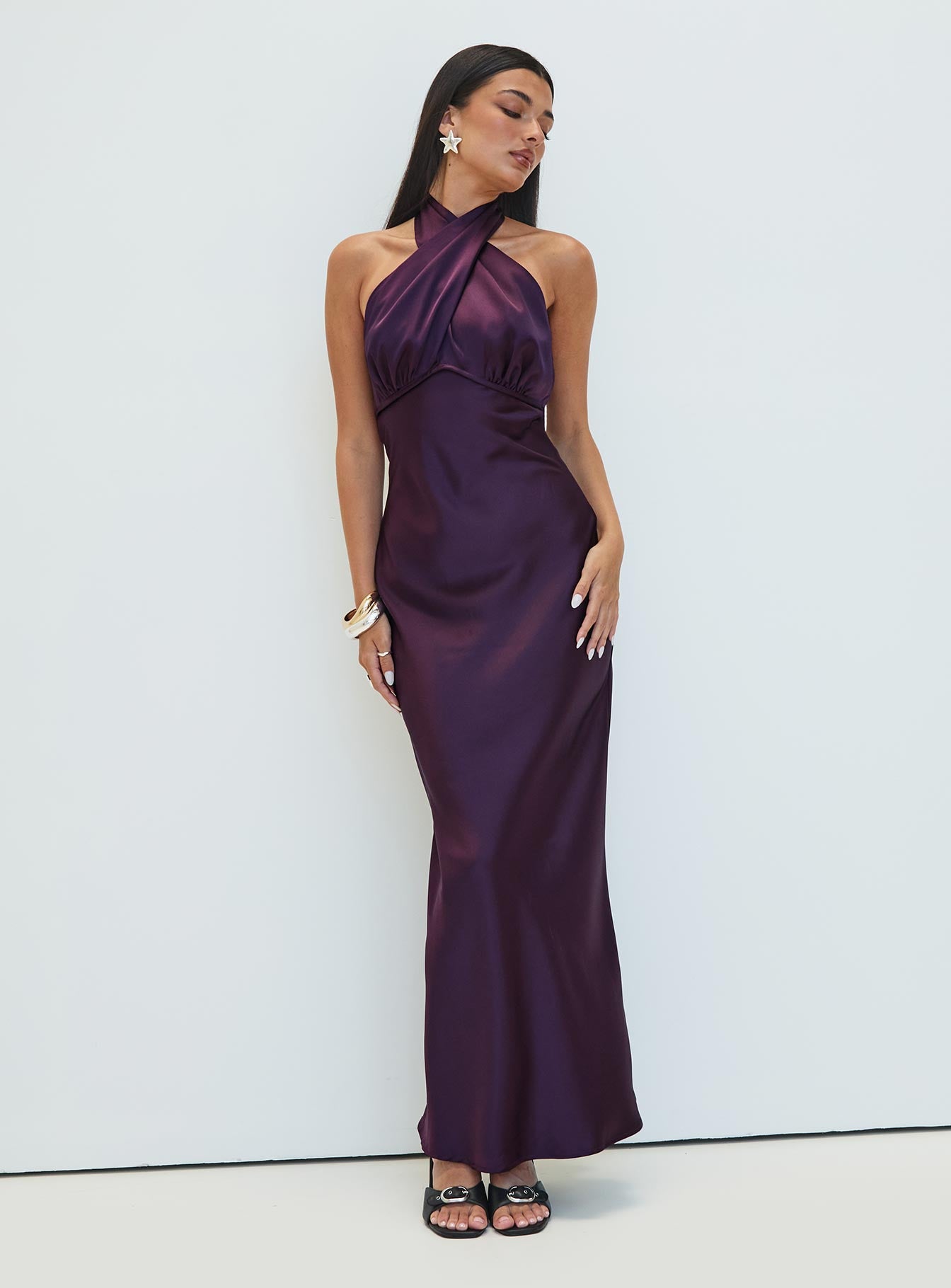 front view of model wearing Princess Polly Rosaminta Halter Maxi Dress Plum Petite High Neck 