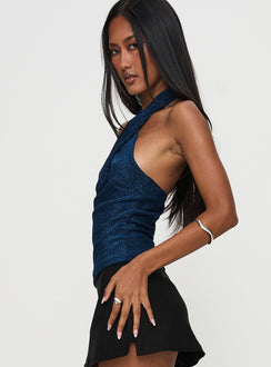 side view of model wearing Princess Polly Treat Me Nice Cross Neck Top Blue Glitter Sleeveless High Neck 