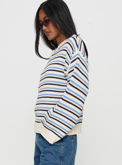 side view of model wearing Princess Polly Karolyn Sweater Blue Stripe Long 