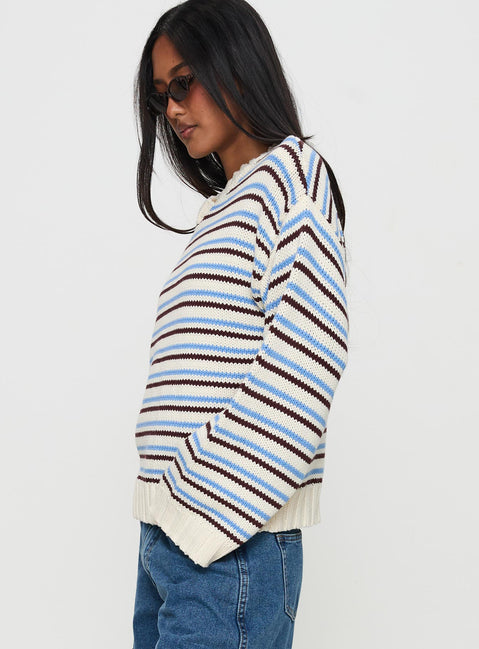 side view of model wearing Princess Polly Karolyn Sweater Blue Stripe Long 