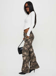 side view of model wearing Princess Polly Mischief Camo Pants Green Low Rise Pants 